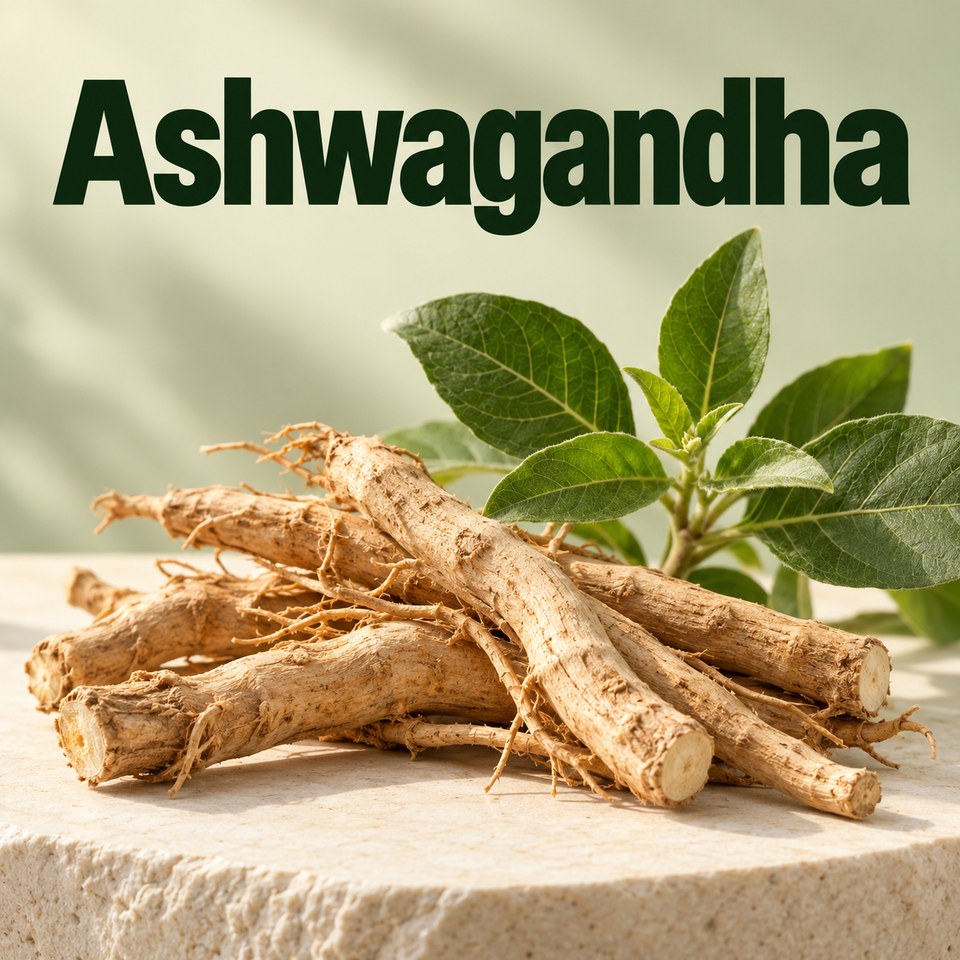 Ashwagandha – Wurzeln und grüne Blätter mit eingebrannter Überschrift.