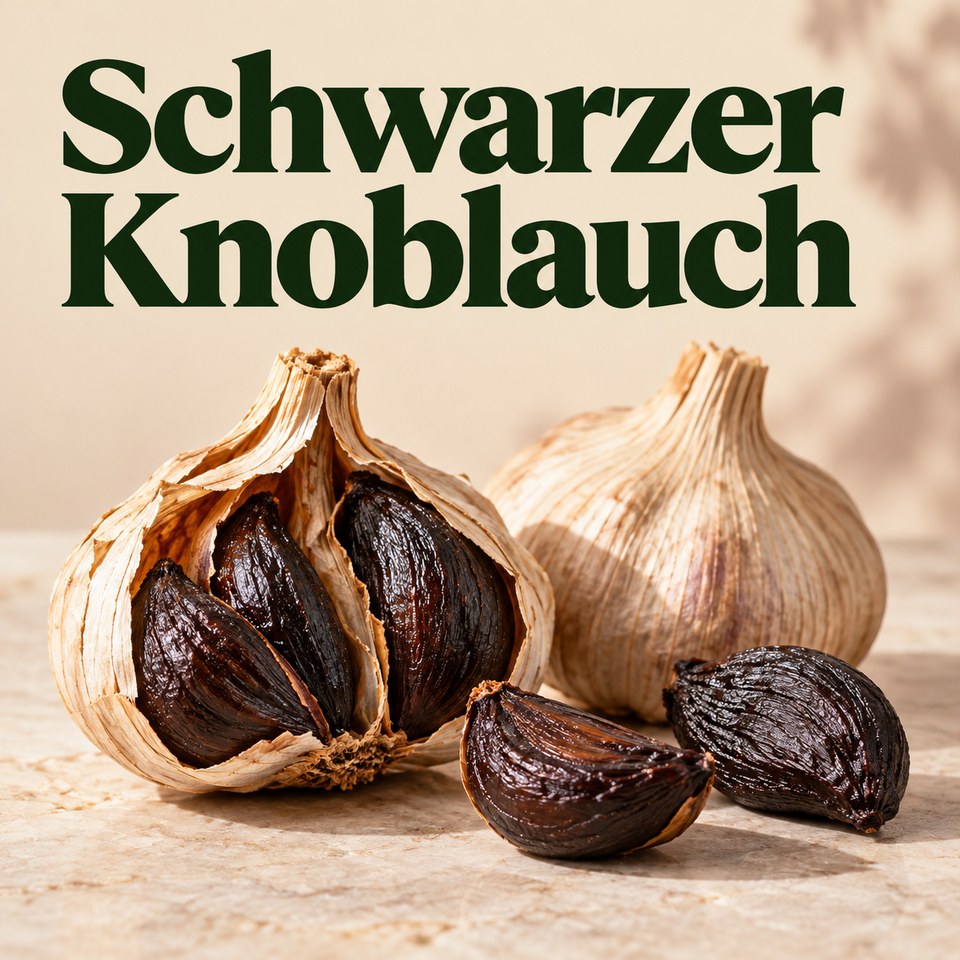 Schwarzer Knoblauch – geöffnete Knolle und dunkle Zehen mit eingebrannter Überschrift.