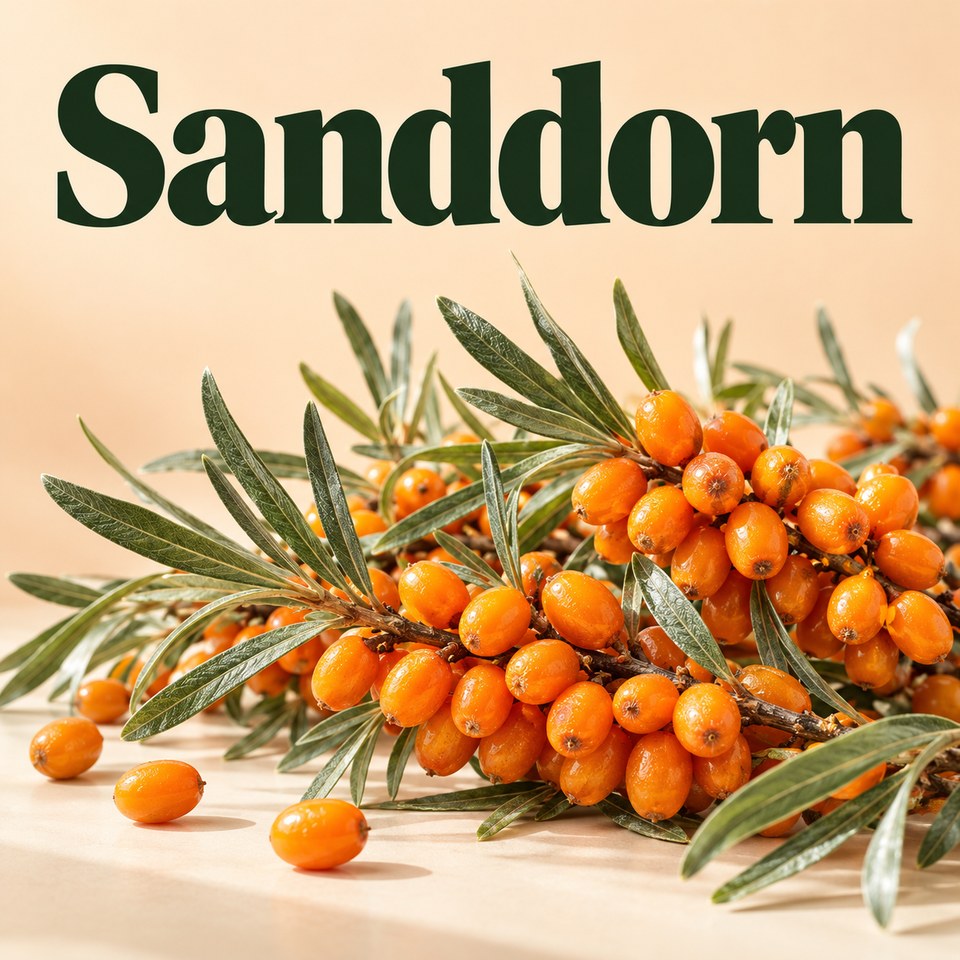 Sanddorn – orange Beeren und silbergrüne Blätter mit eingebrannter Überschrift.