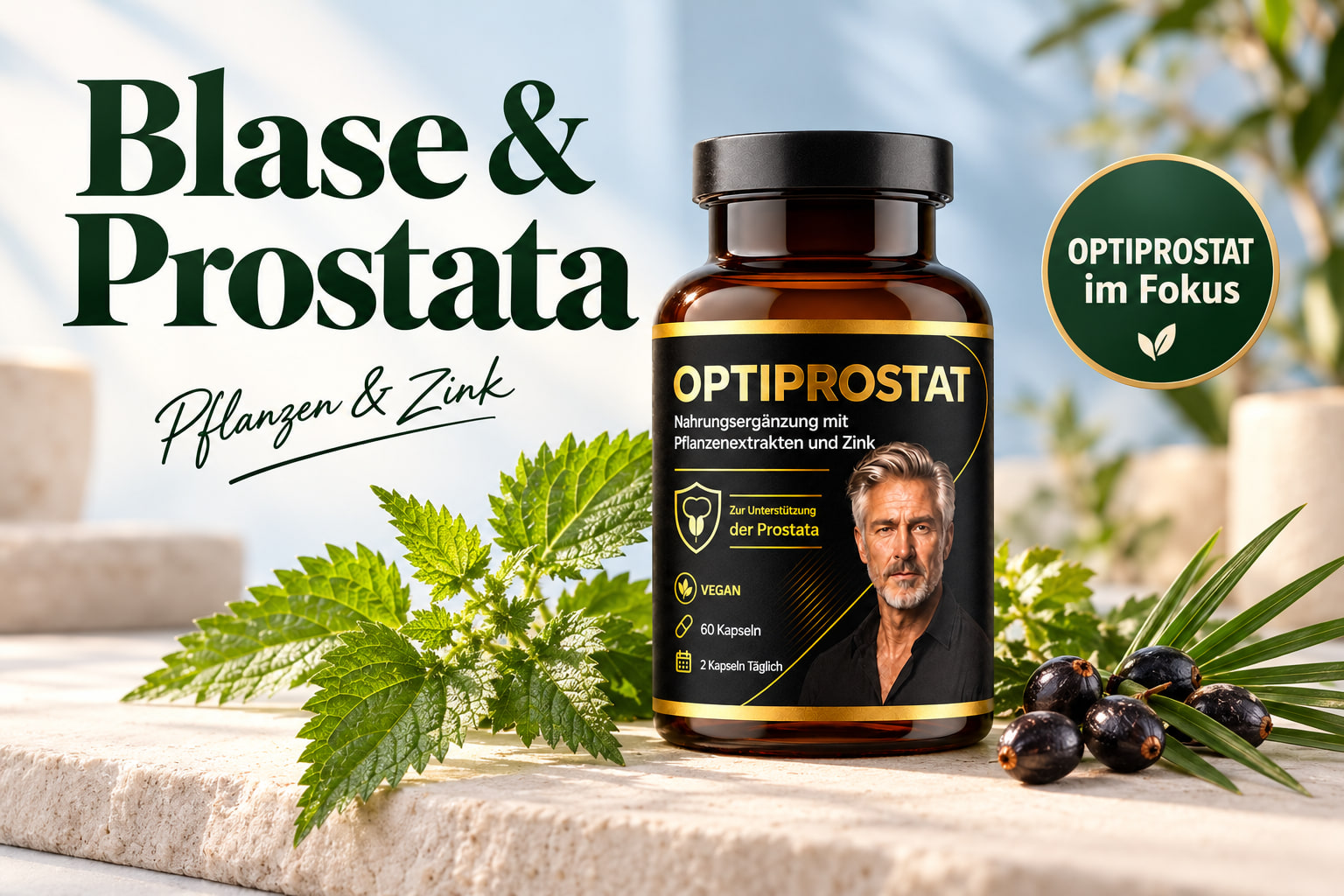 Blase & Prostata: OPTIPROSTAT mit Brennnessel und Sägepalmenfrüchten. Pflanzen und Zink.