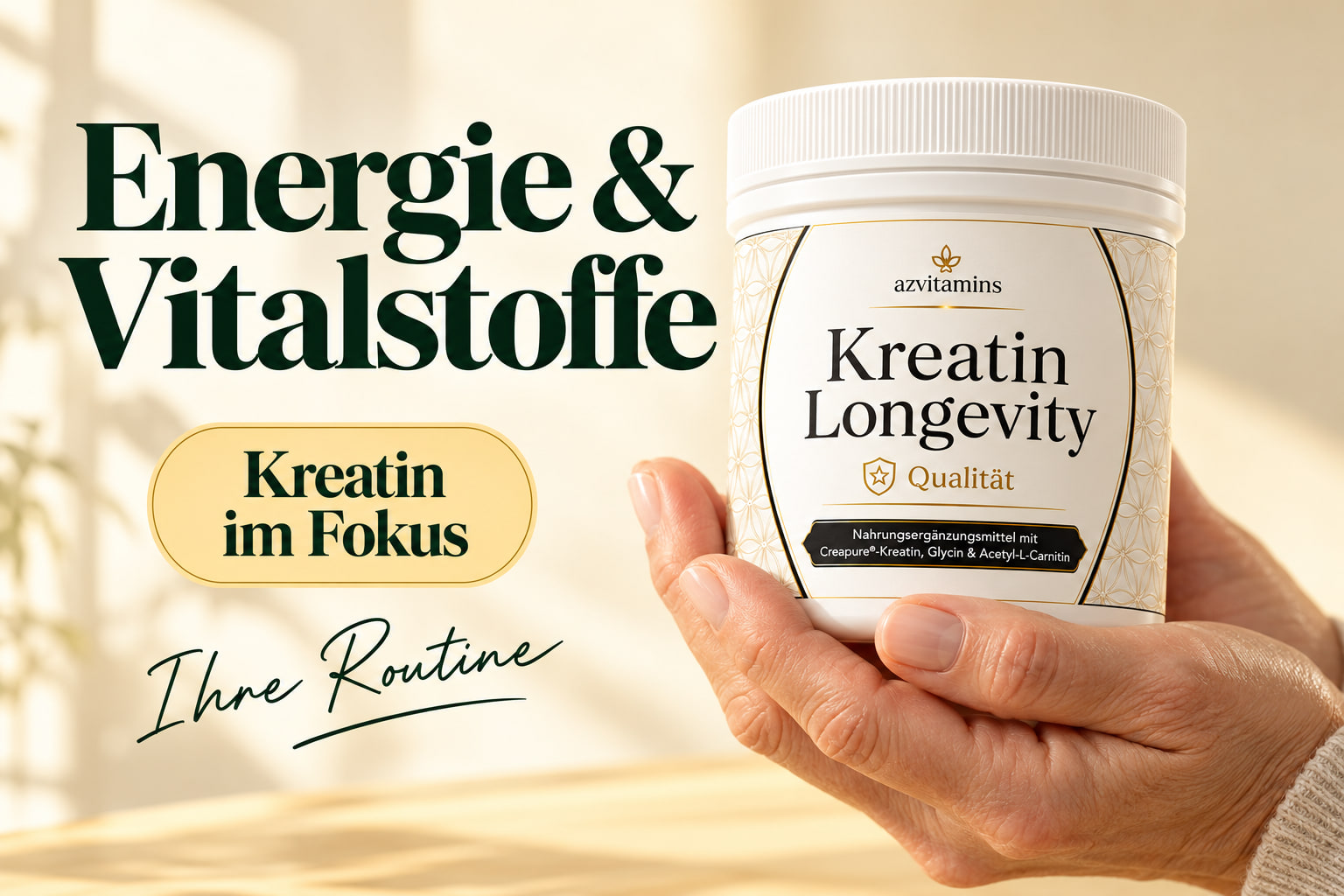 Energie & Vitalstoffe: Eine Hand hält Kreatin Longevity. Kreatin im Fokus.