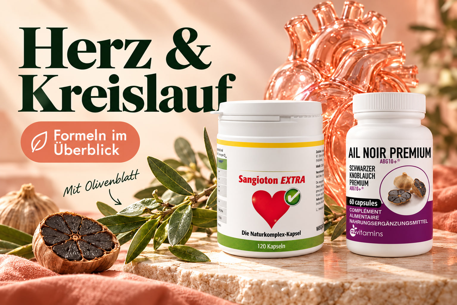Herz & Kreislauf: Sangioton EXTRA und schwarzer Knoblauch mit Olivenblättern und einem Herzmotiv. Formeln im Überblick.