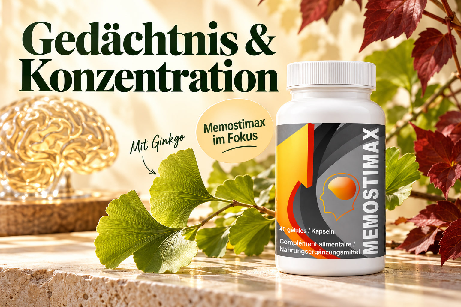 Gedächtnis & Konzentration: Memostimax mit Ginkgo und einem Gehirnmotiv.