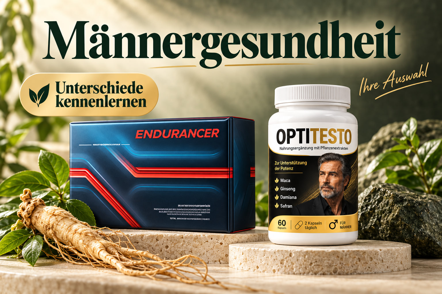 Männergesundheit: Endurancer und OPTITESTO mit Ginseng. Unterschiede kennenlernen.