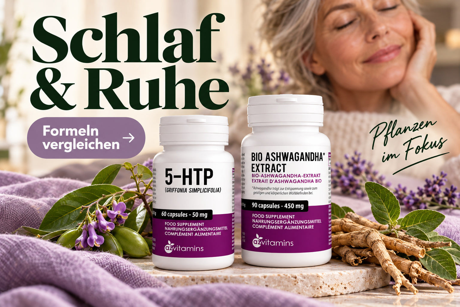 Schlaf & Ruhe: 5-HTP und Bio-Ashwagandha mit Pflanzen. Formeln vergleichen.
