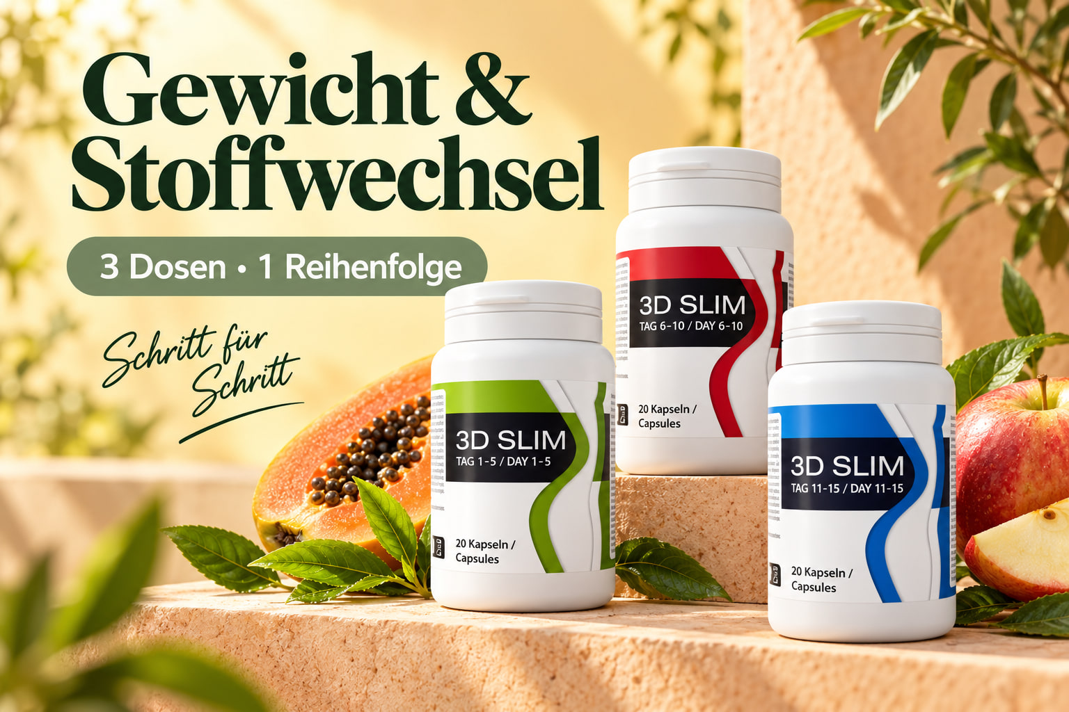 Gewicht & Stoffwechsel: 3D Slim mit drei Dosen in festgelegter Reihenfolge, Tee, Apfel und Papaya.