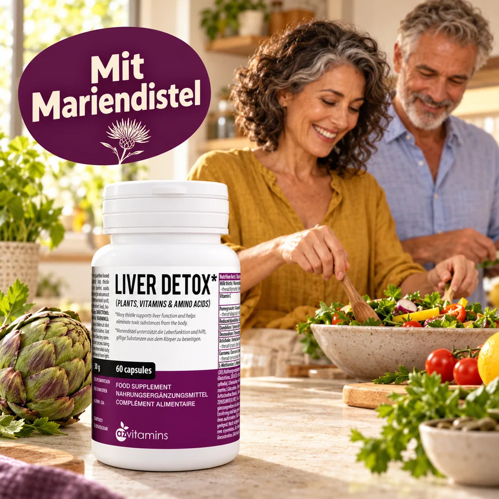 Liver Detox mit Artischocke, dahinter ein Paar in der Küche