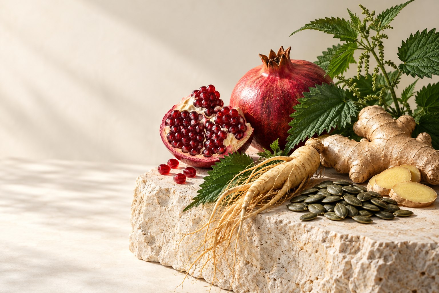 Pflanzen, Früchte und Samen auf hellem Stein